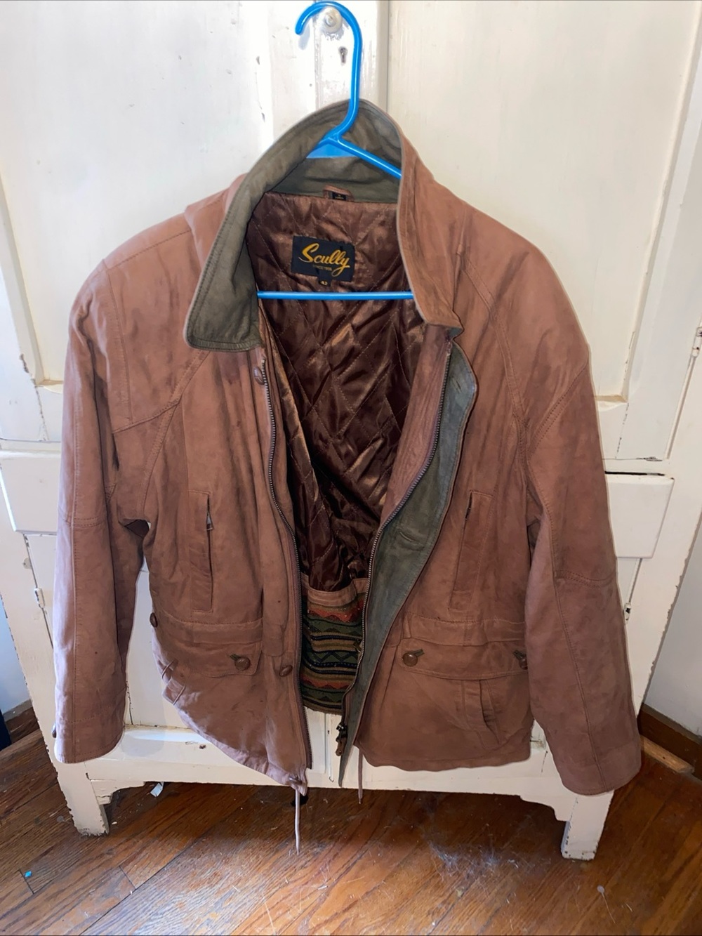 Scully Men's Dusty Brown Leather Bomber Jacket with Dark Trim one button missing